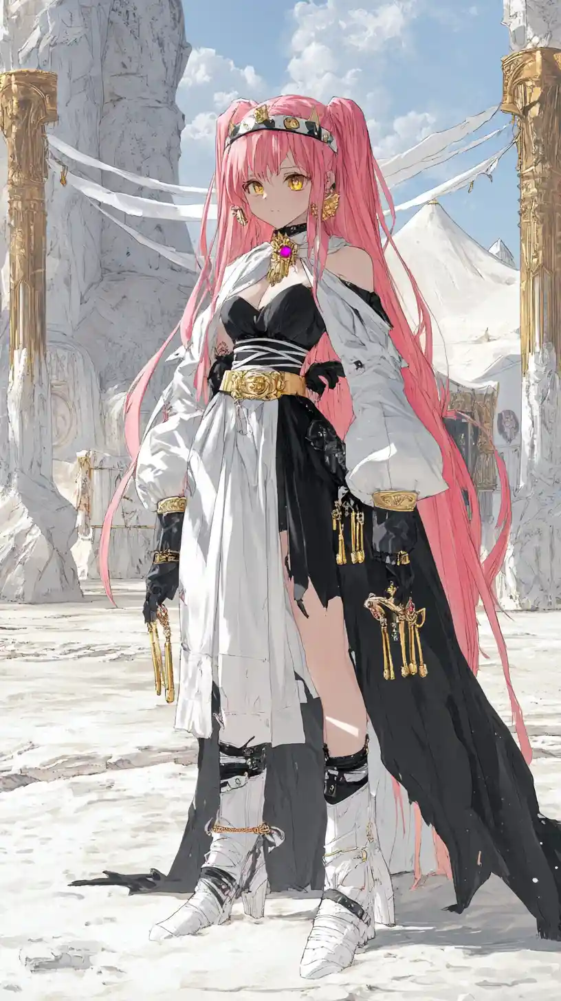 Anime girl in a white desert camp with ancient statue