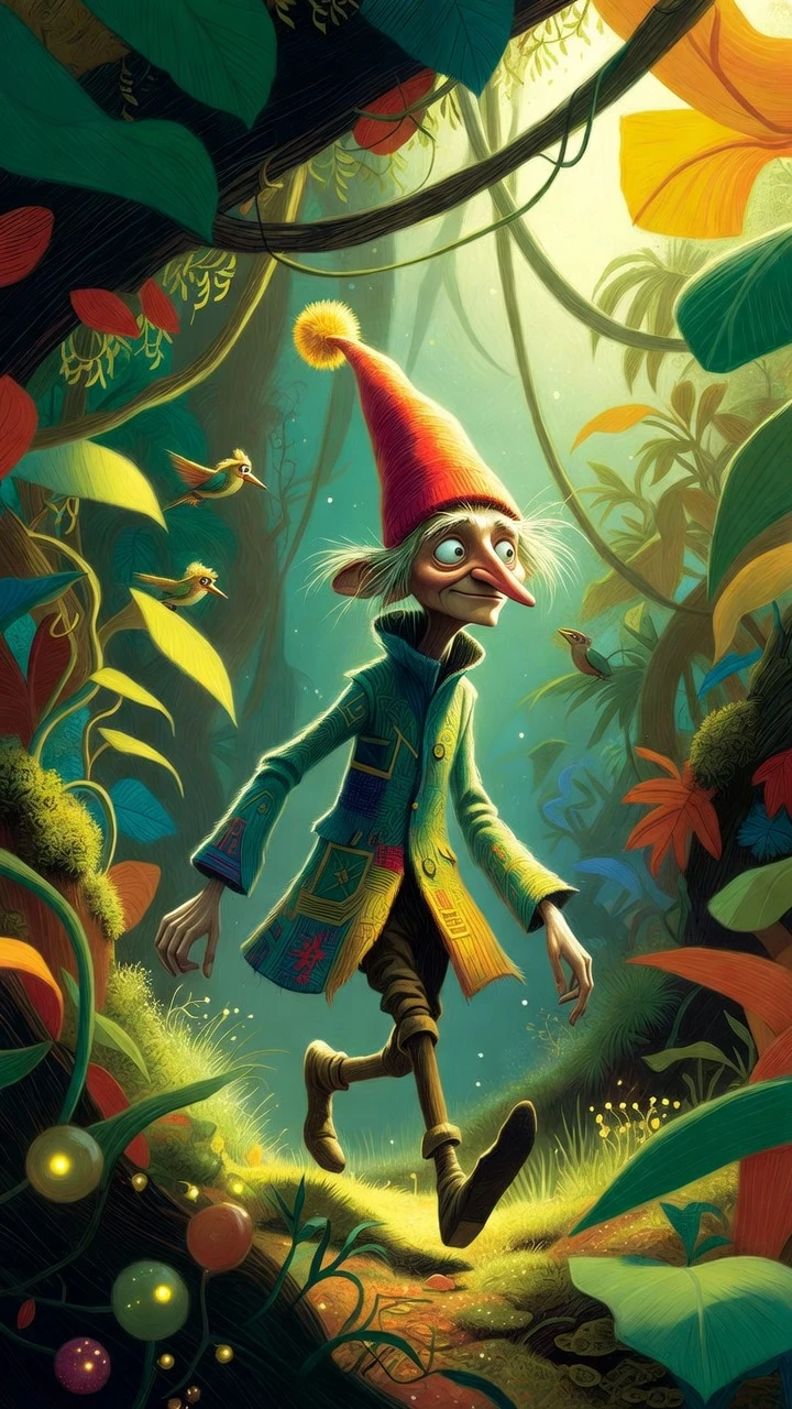 Whimsical gnome walking through a magical forest