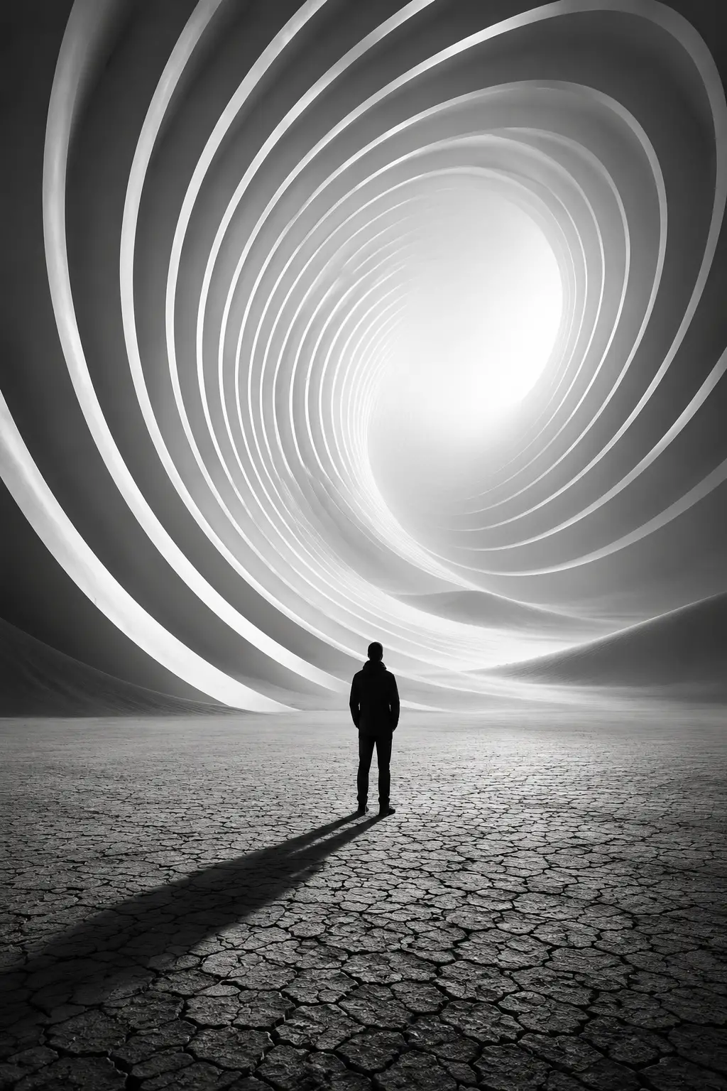 Figura solitaria di fronte a vortice architettonico in bianco e nero