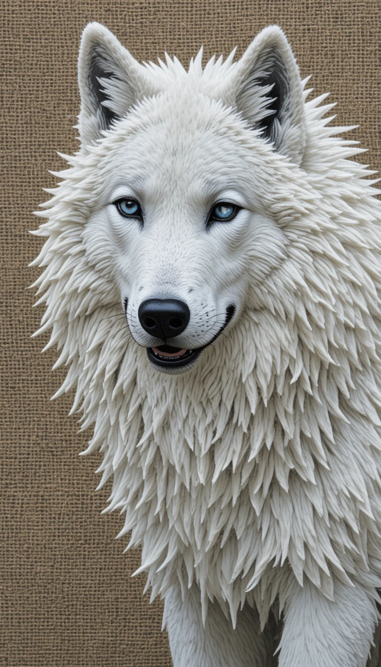 Fluffy white arctic wolf rendered as detailed canvas embroidery