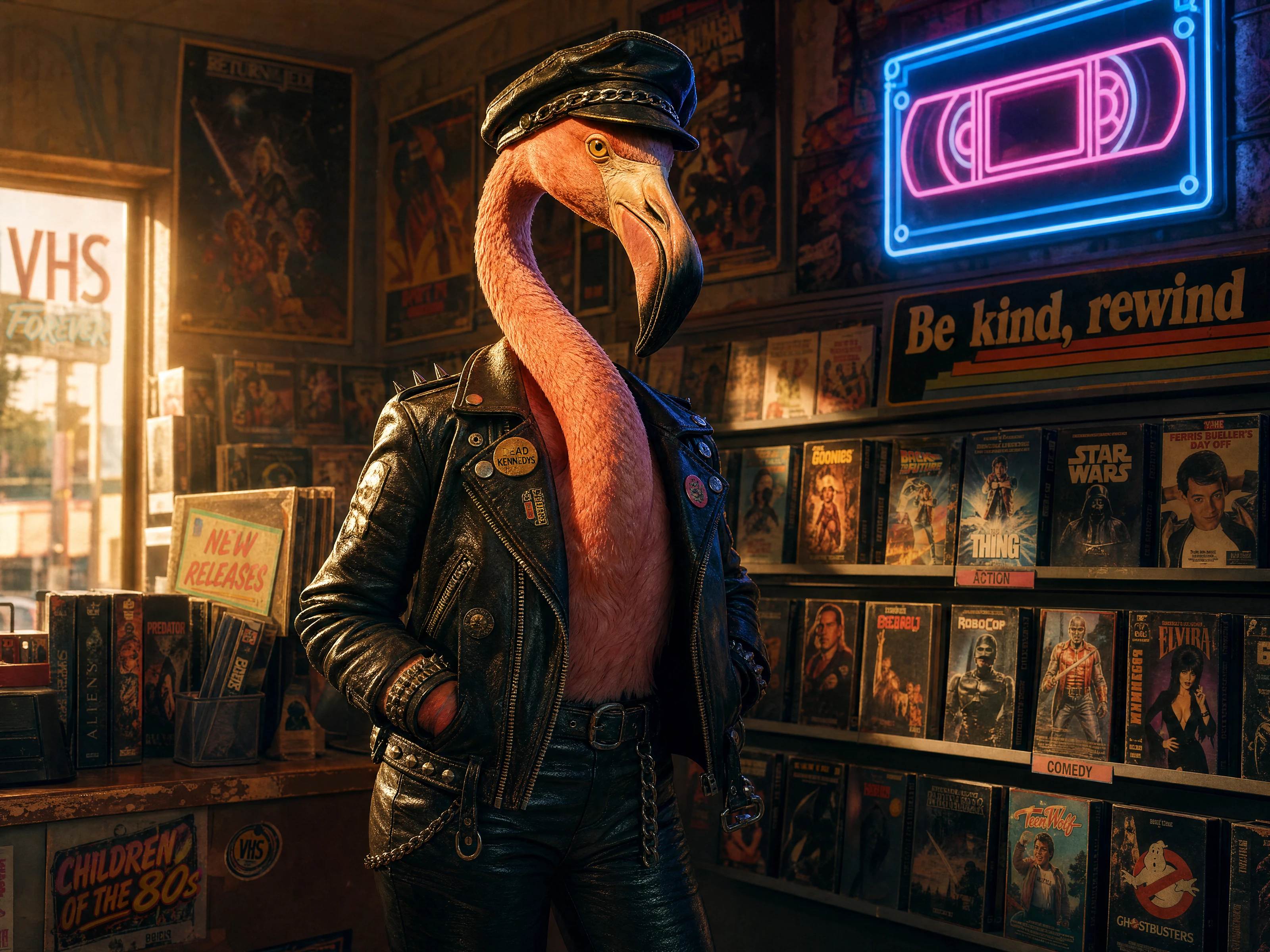 Rocker flamingo browsing a neon lit 1980s video store