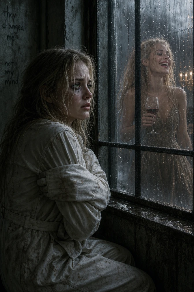 Woman in straitjacket staring out window in dark asylum