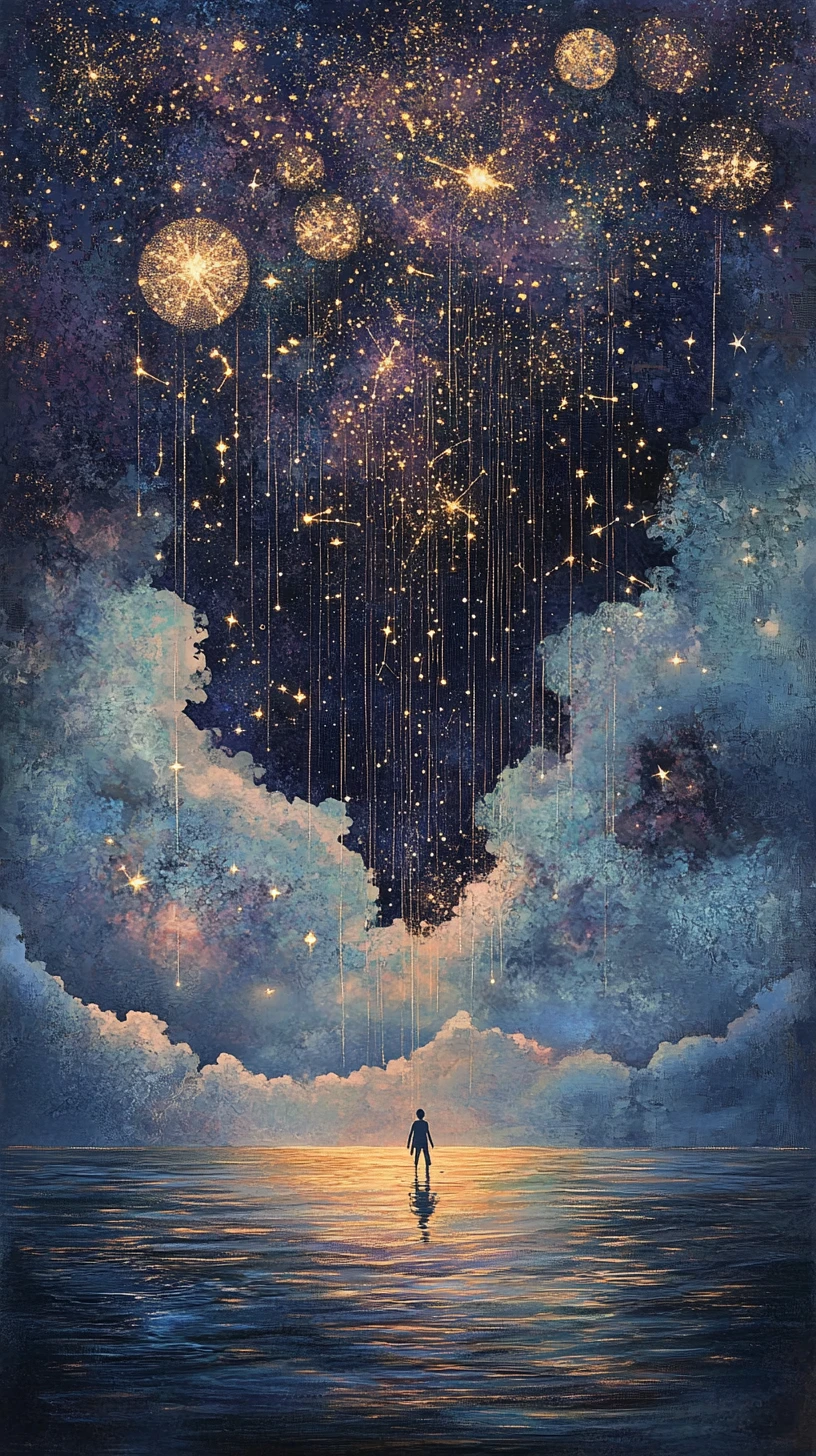 Surreal tapestry sky anchored above a reflective horizon