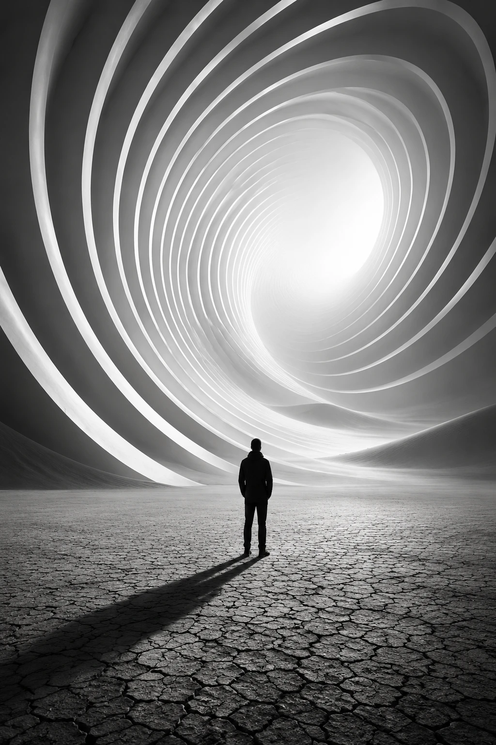 Lone figure facing swirling architectural vortex in monochrome