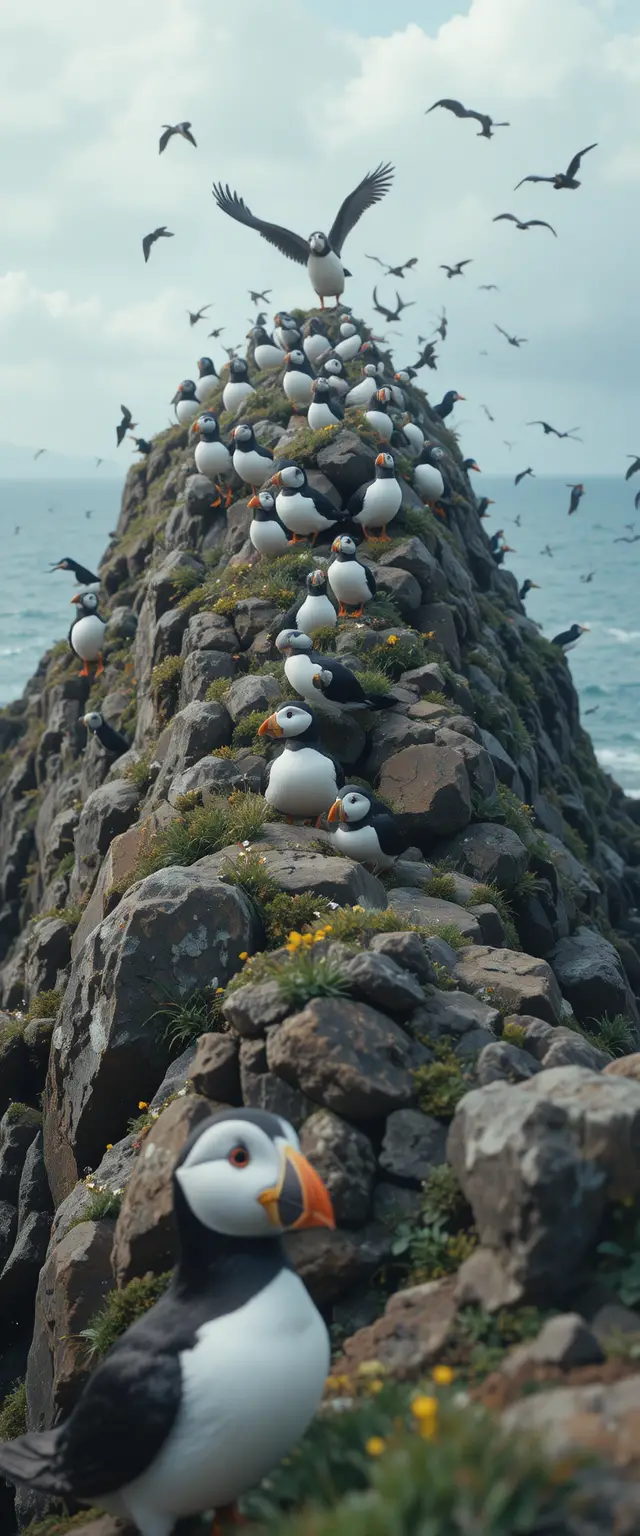Peaceful puffin colony living on a small green island