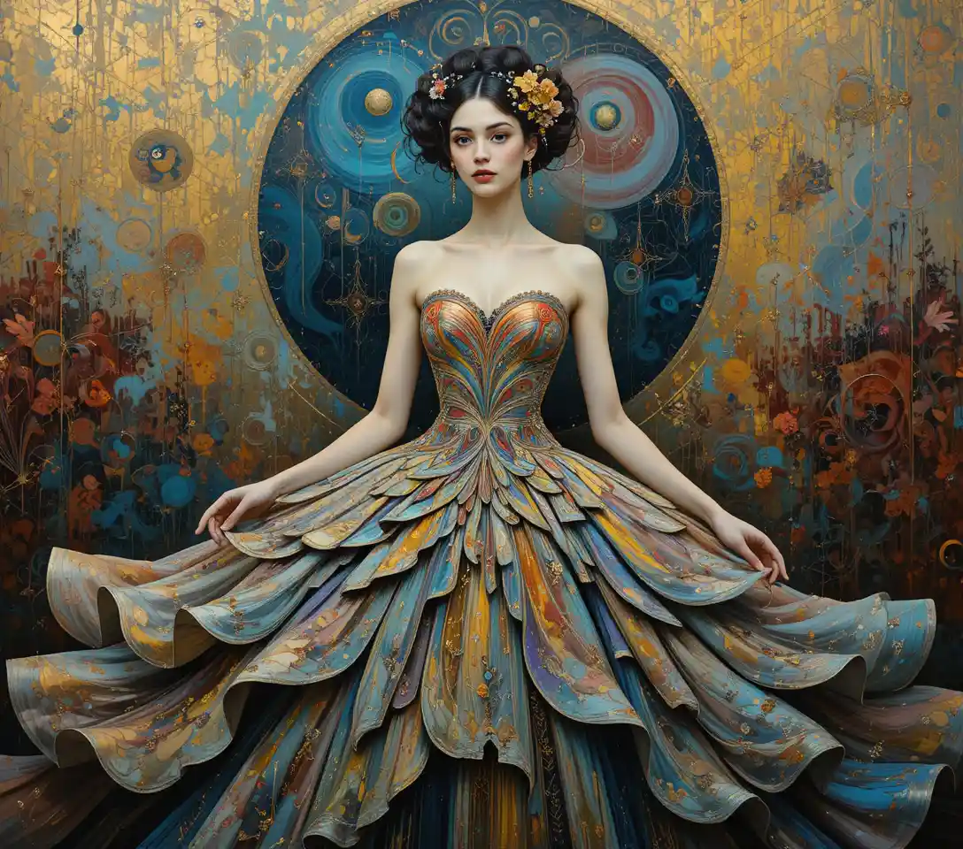 Surreal portrait of a woman in an ornate flowing gown