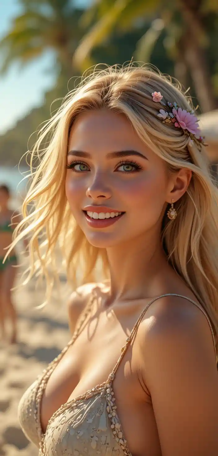 Joyful blonde woman standing on a sunny beach