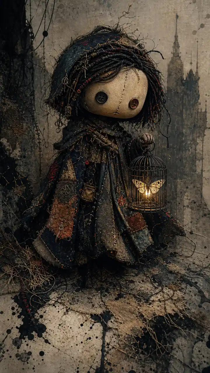 Stitched doll in patchwork cloak holding glowing caged moth