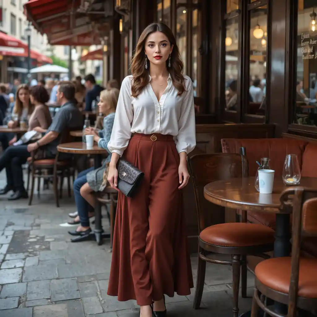 French woman waiting at a table in a busy cafe