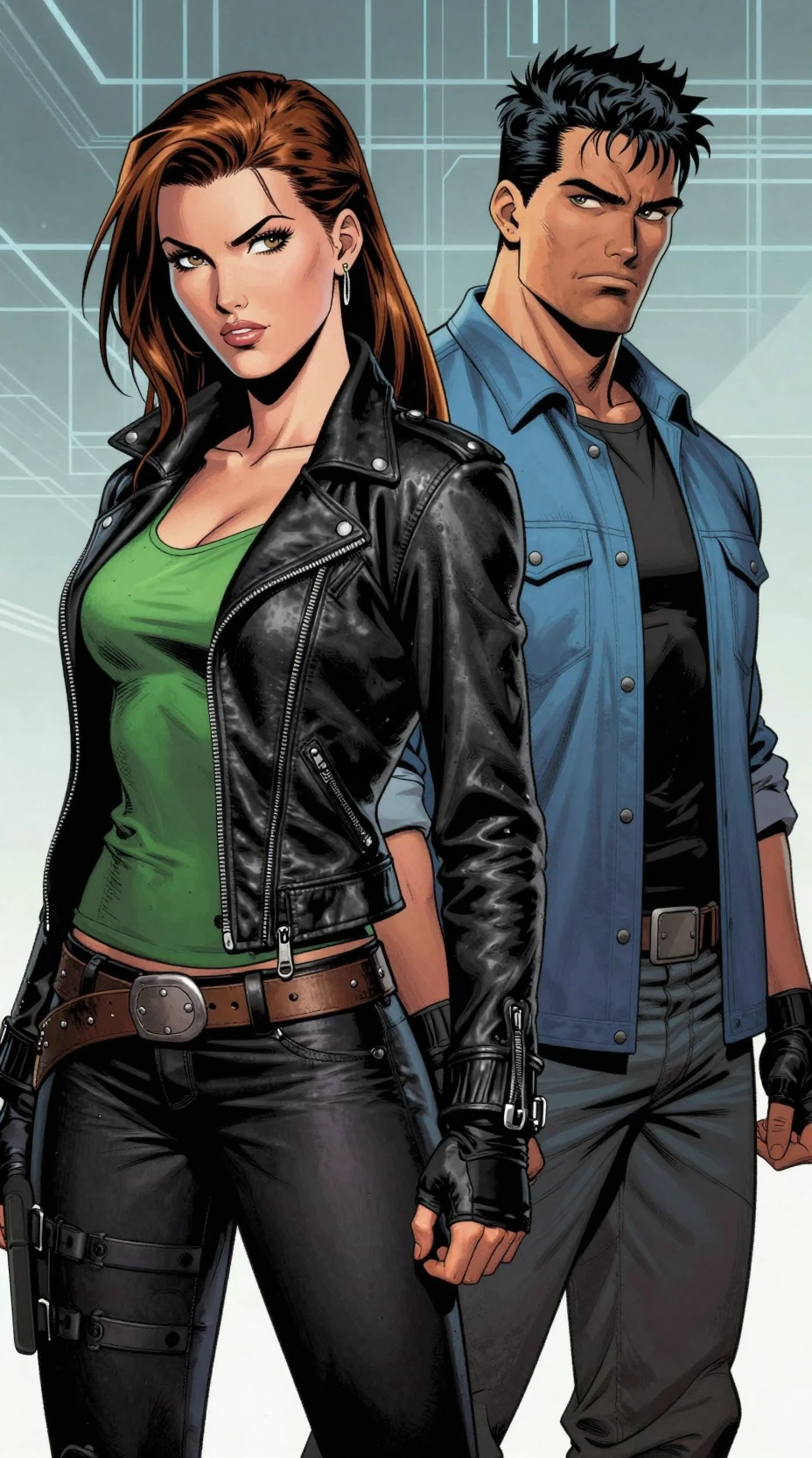 Confident duo in edgy outfits against futuristic grid backdrop