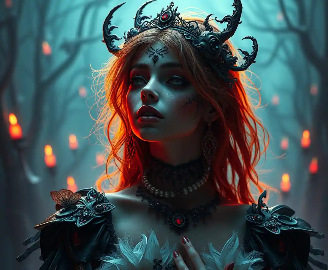 Dark fantasy woman in a vibrant surreal dreamscape
