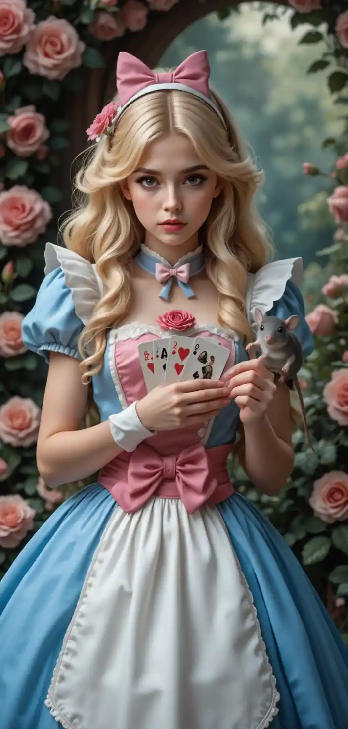 Blonde Alice Inspired Girl With Cards And Mouse In Garden