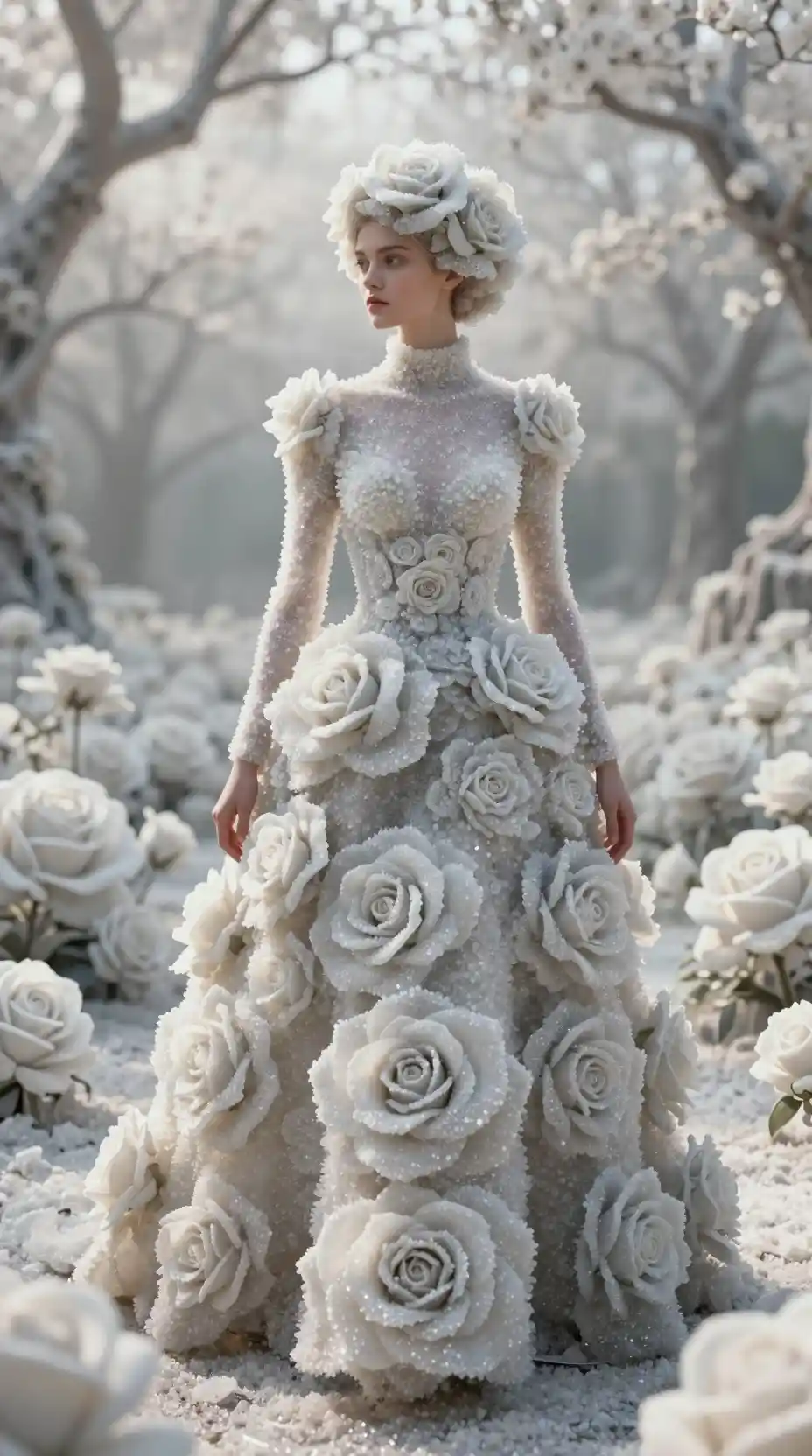 Young woman in sculptural sugar rose dress in garden