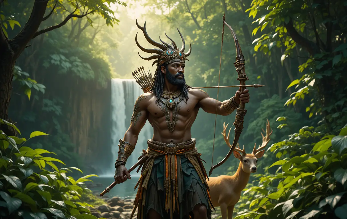 Forest hunter with bow beside deer and hidden waterfall