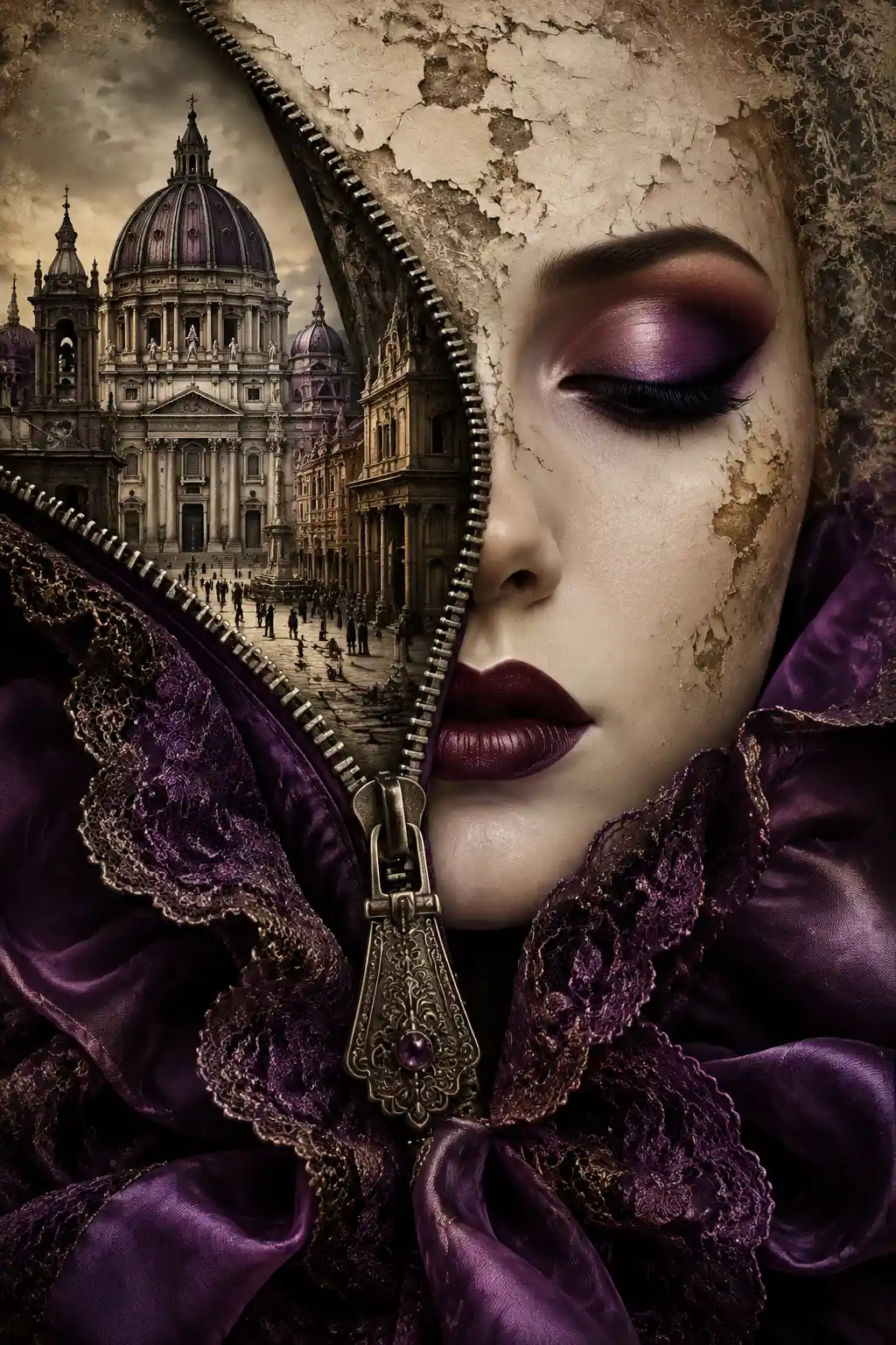 Surreal woman unzipped to reveal an inner cityscape