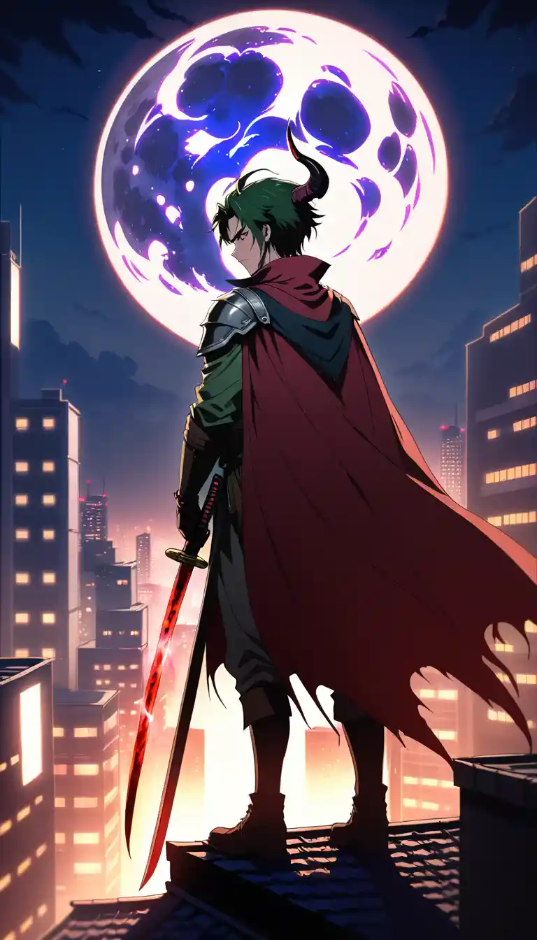 Anime demon hunter on rooftop under glowing full moon