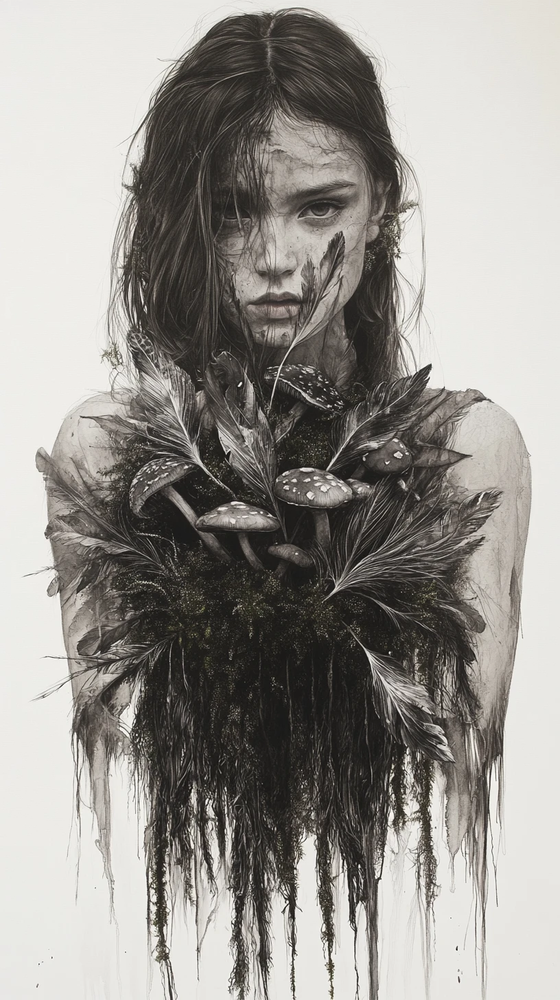 Girl holding organic bundle of feathers moss and mushrooms