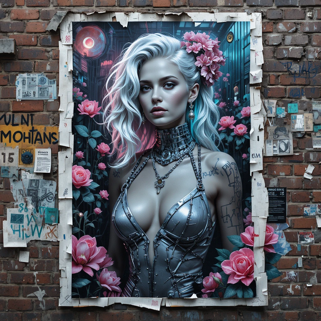 Cyberpunk fashion poster on a graffiti covered city wall