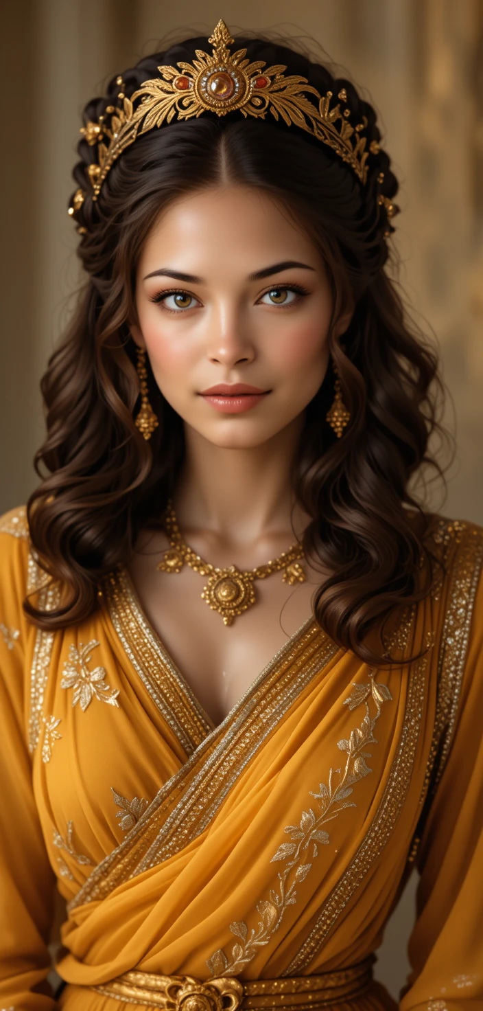 Elegant woman in ancient Roman style yellow silk dress
