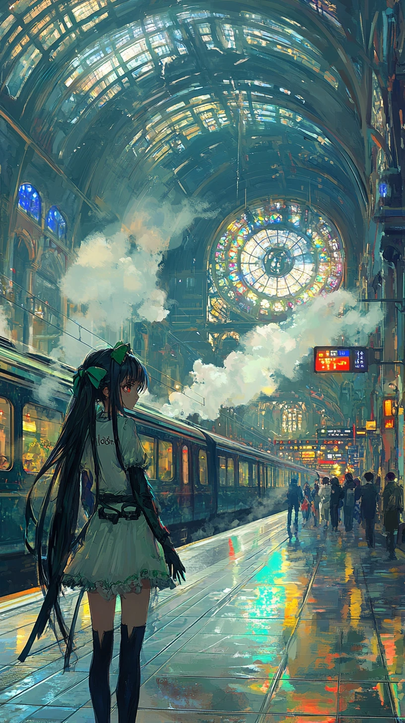 Fille d’anime dans une gare fantastique aux vitraux colorés