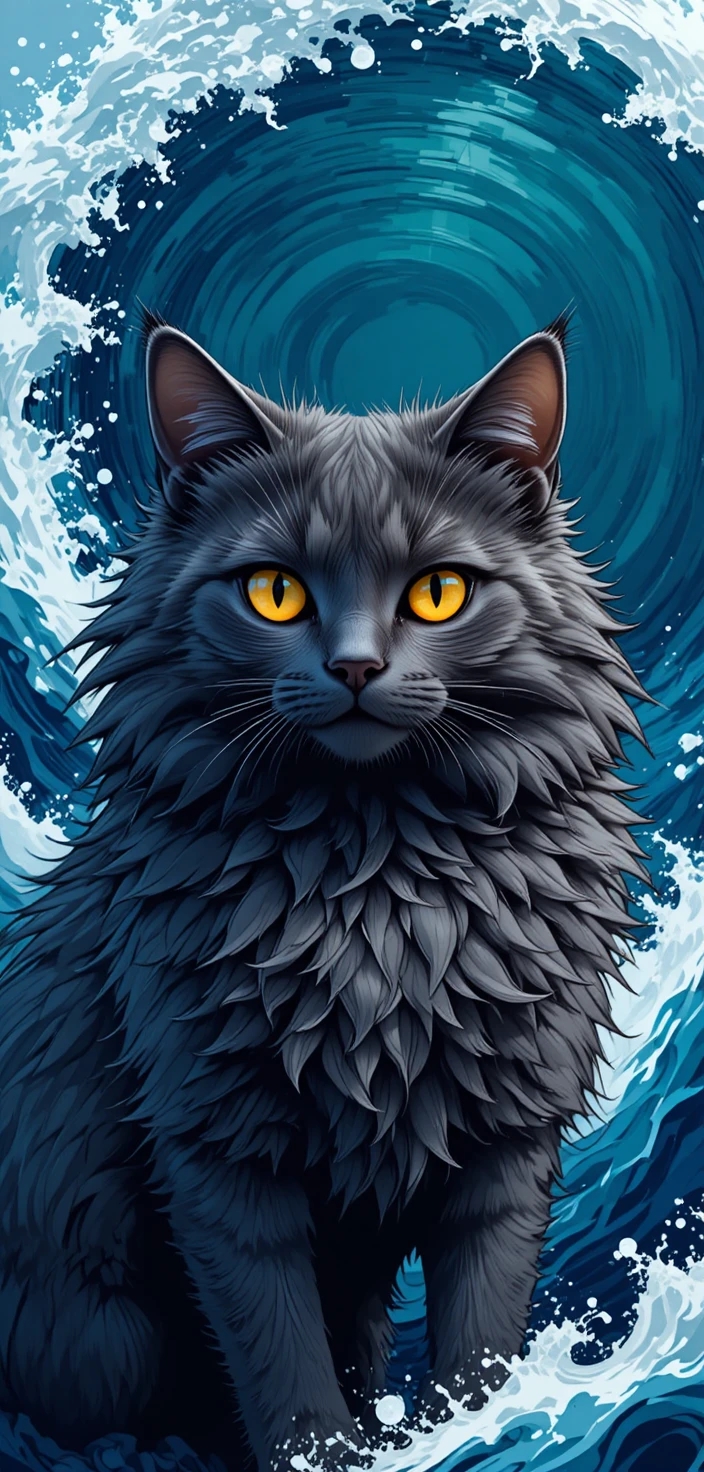 Digital fantasy cat with yellow eyes before crashing ocean waves