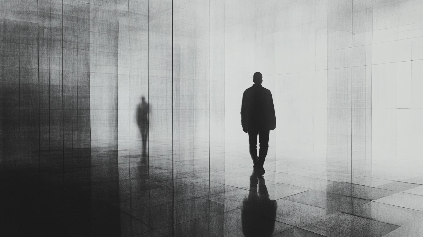 Minimal surreal figure mirrored on a glassy surface
