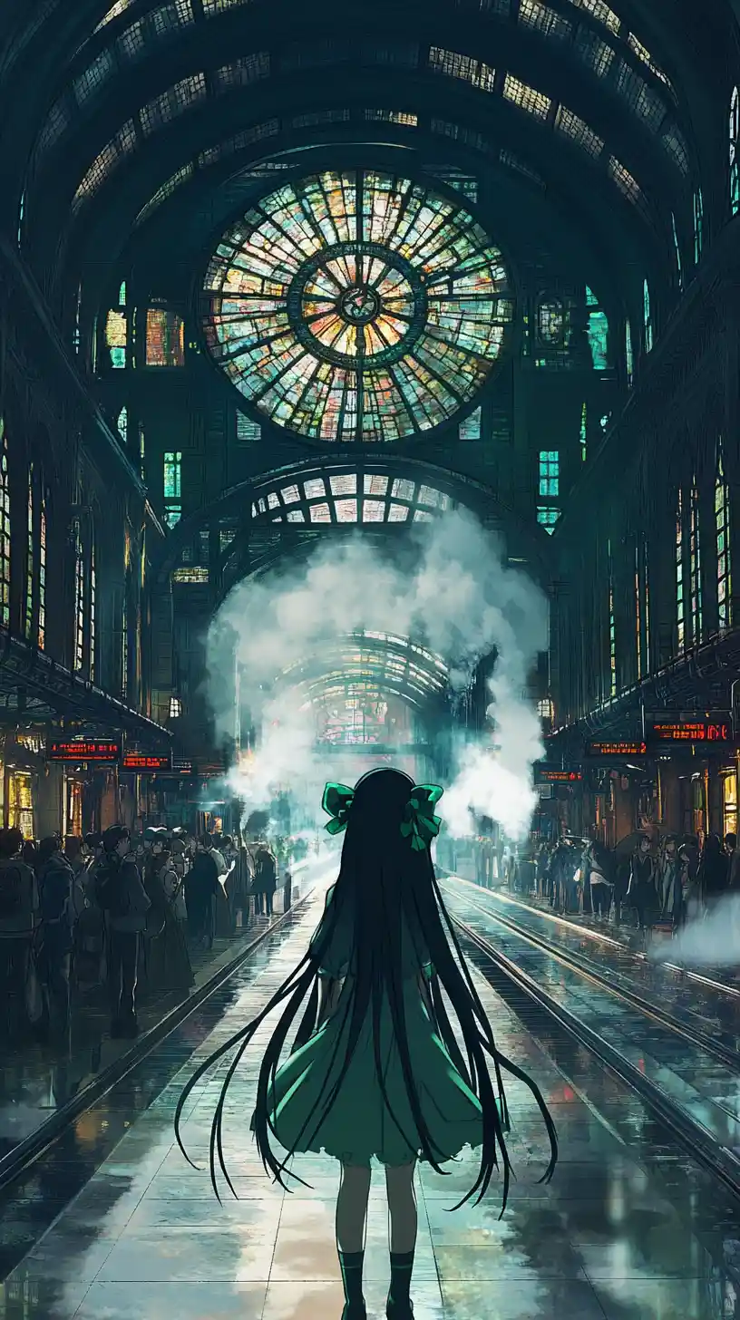 Anime girl in a fantasy train station with stained glass windows