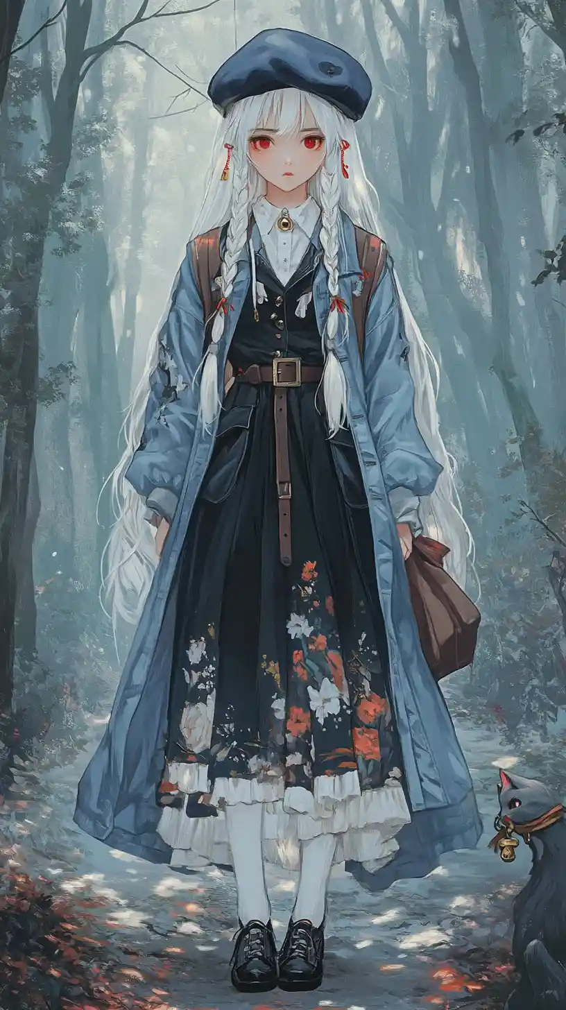 Gloomy anime girl in a long coat standing in forest