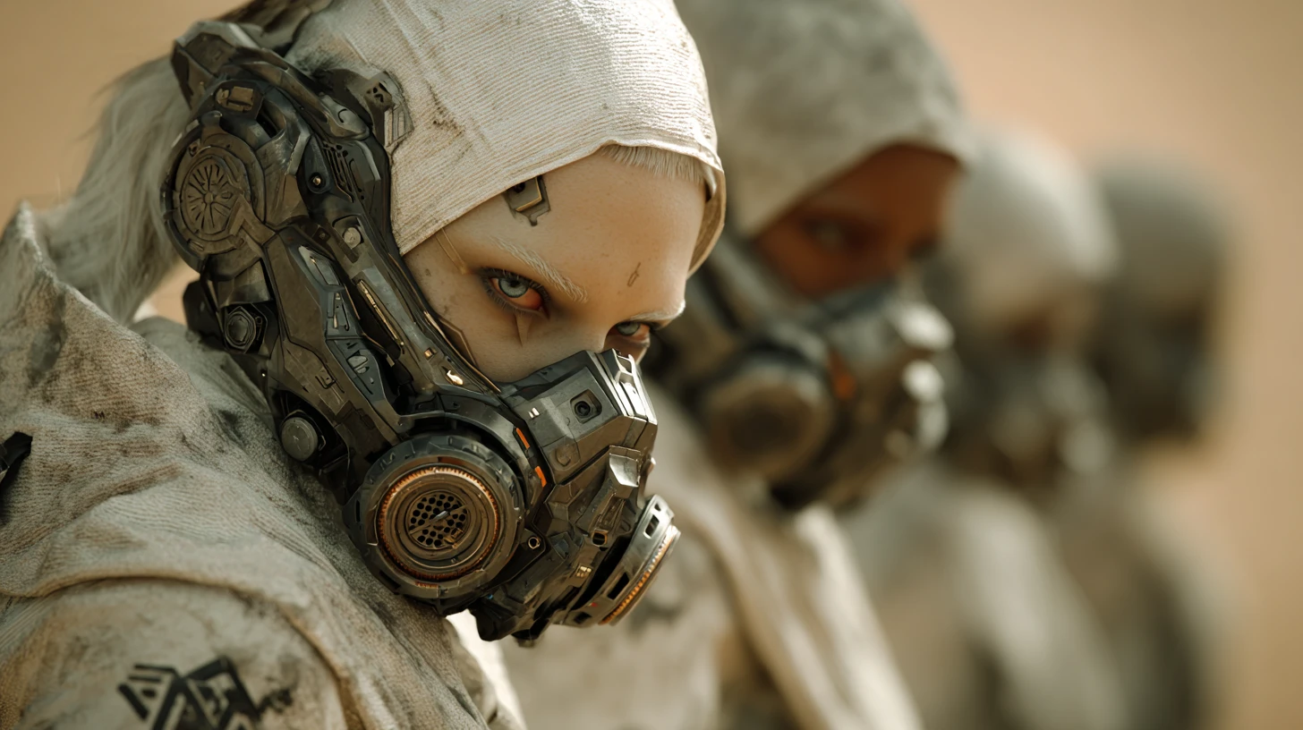Desert monk woman with robotic gear in atomic wasteland