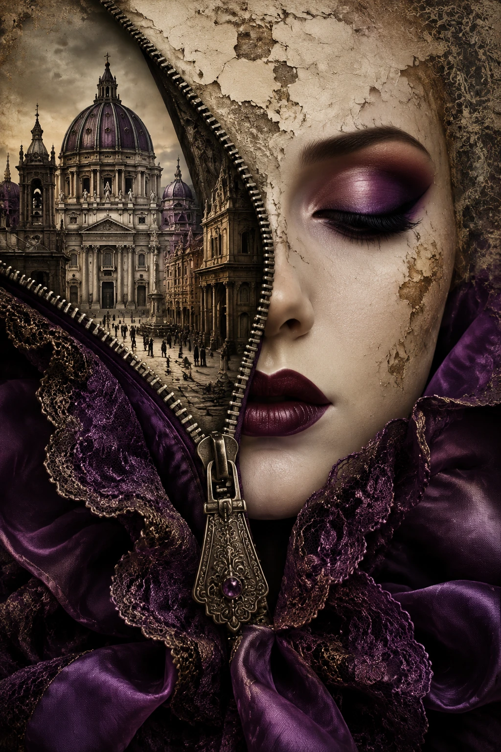Surreal woman unzipped to reveal an inner cityscape