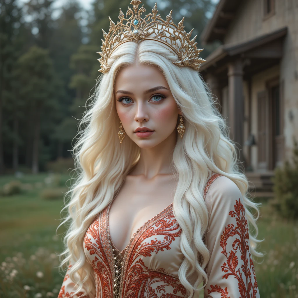 Regal blonde woman in cream silk gown outdoors