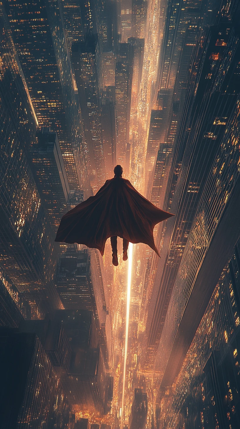 Mythic figure hovering above city skyscrapers with energy beam