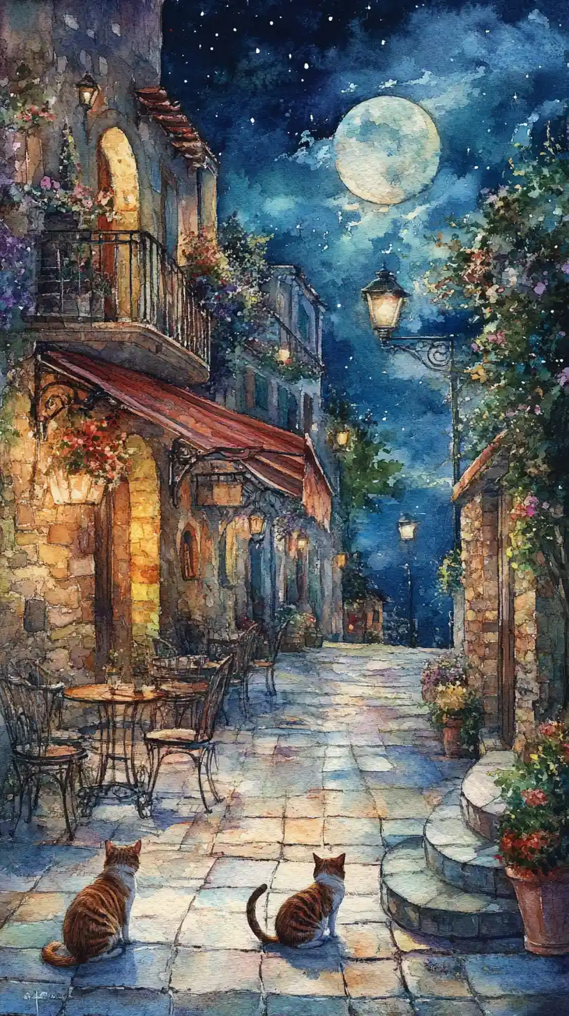 Watercolor fantasy cat on a dreamy night city street