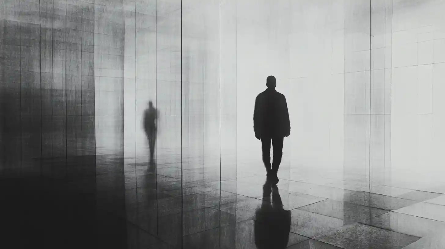 Minimal surreal figure mirrored on a glassy surface