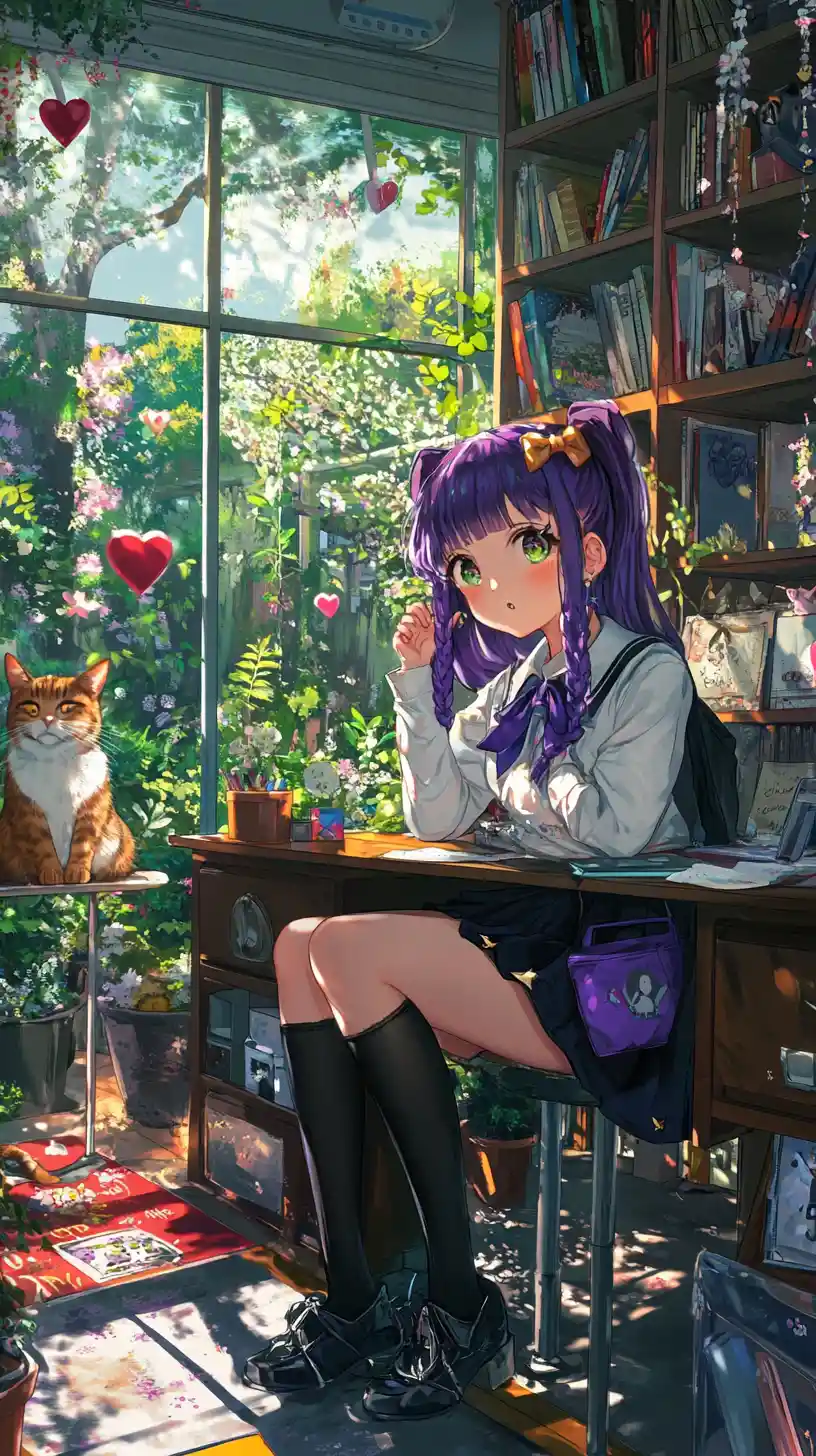 Anime girl at a cluttered desk in a bright room