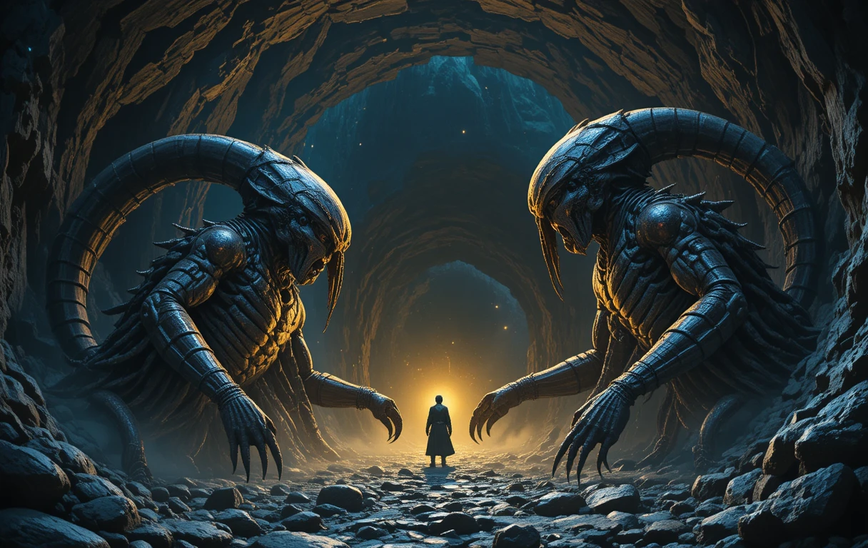 Scorpion guardians confront Gilgamesh at a starlit cave passage