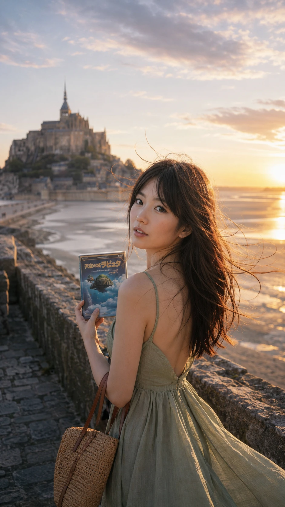 Young woman at Mont Saint Michel with anime dvd at sunset