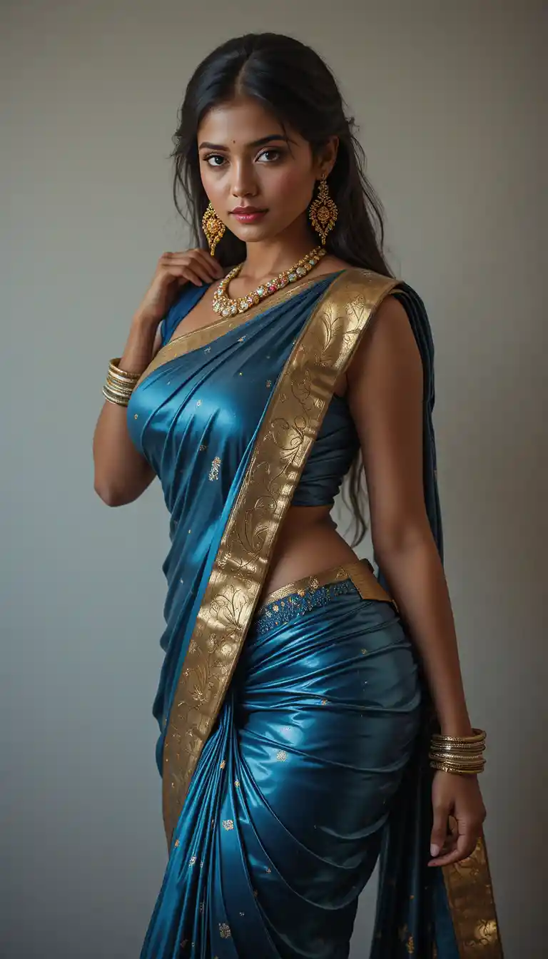 Tamil woman in glossy saree bending in full body pose