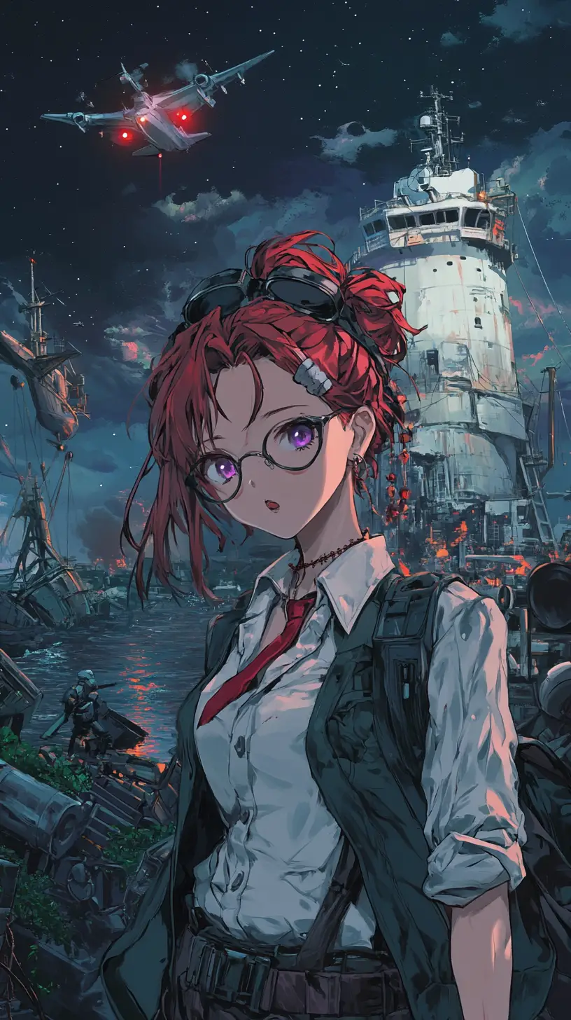 Anime girl on wrecked modern ship under night sky