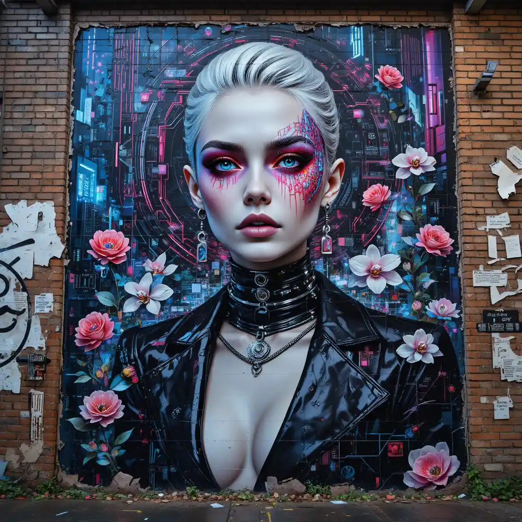 Cyberpunk fashion mural of a woman on brick wall