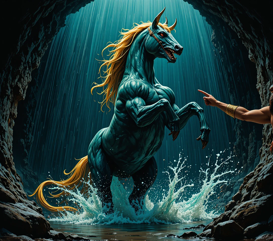 Demonic teal warhorse rearing in a stormy cavern