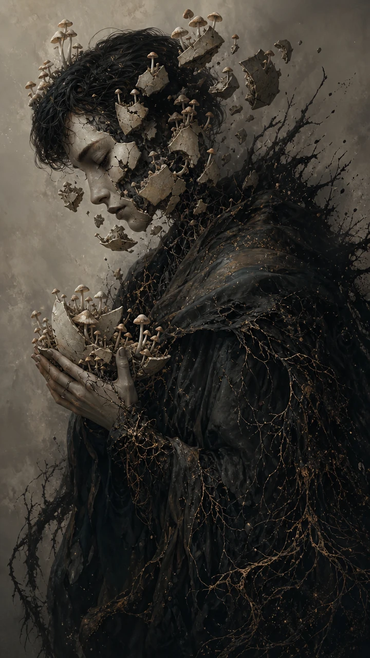 Melancholic figure with fragmented face and growing mushrooms