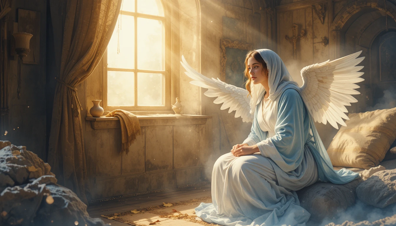 Angel Gabriel appearing to Mary in soft golden light