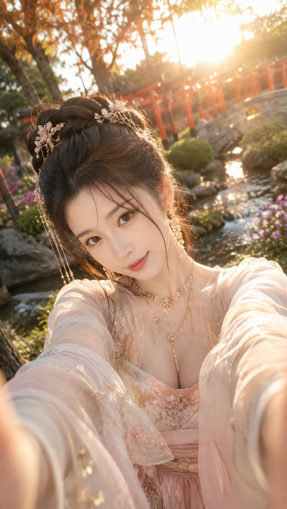 노을 진 신사 정원에서 한푸를 입은 소녀의 POV 셀카