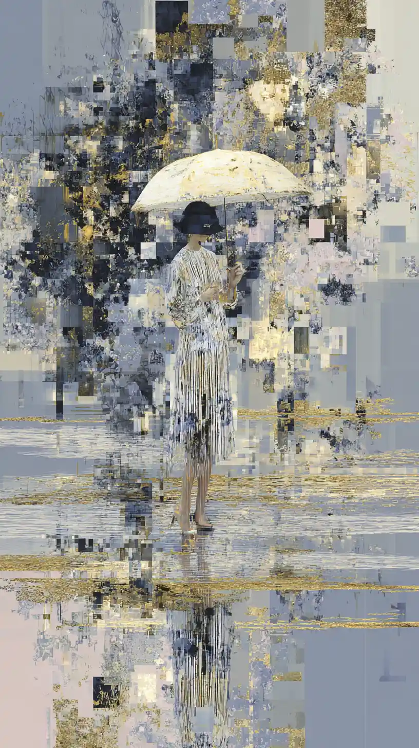 Ombrello patchwork che si dissolve in frammenti e glitch digitali