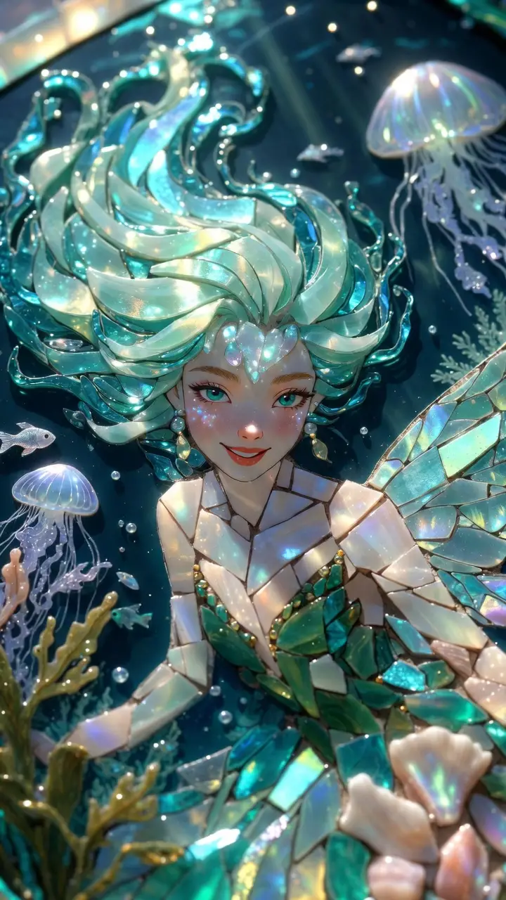 Smiling water fairy portrait in glowing underwater mosaic