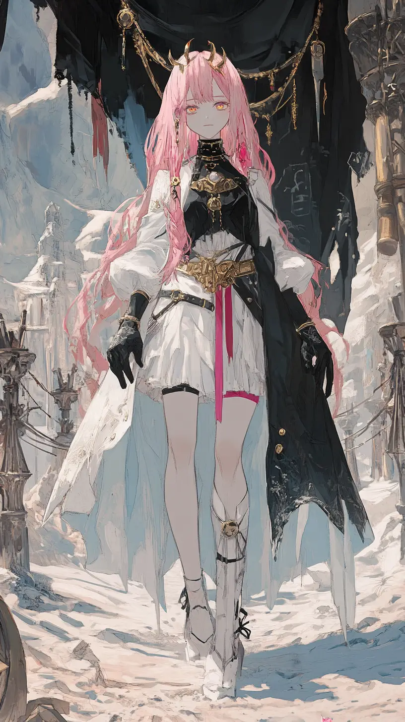 Anime girl in a fantasy desert camp with ancient statue