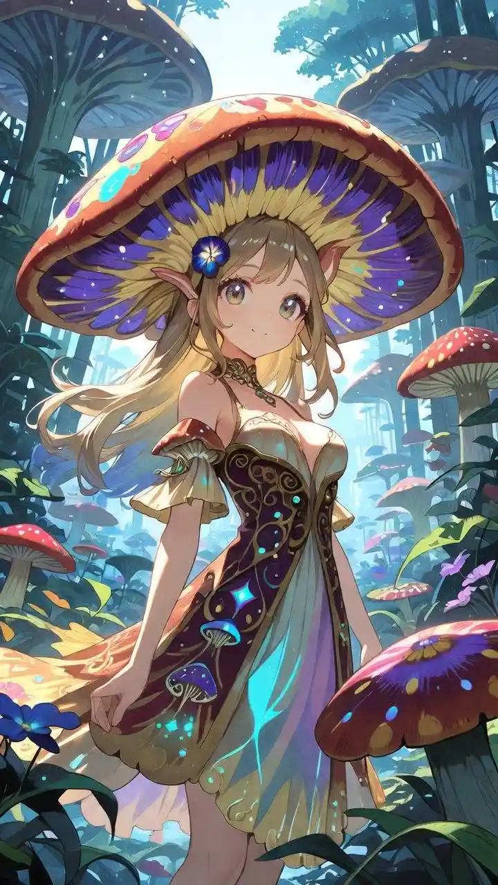 Mushroom queen in flowing dress in a windy fantasy forest