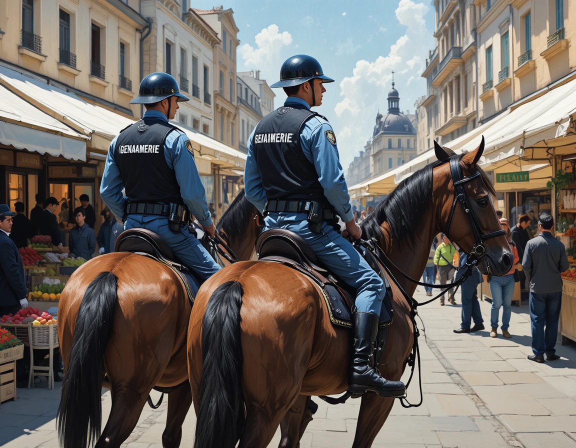 Mounted gendarmerie officers patrolling a busy outdoor market
