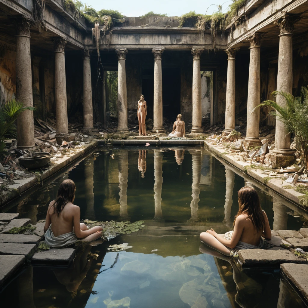 Fine art painting of women bathing in ancient oasis pool